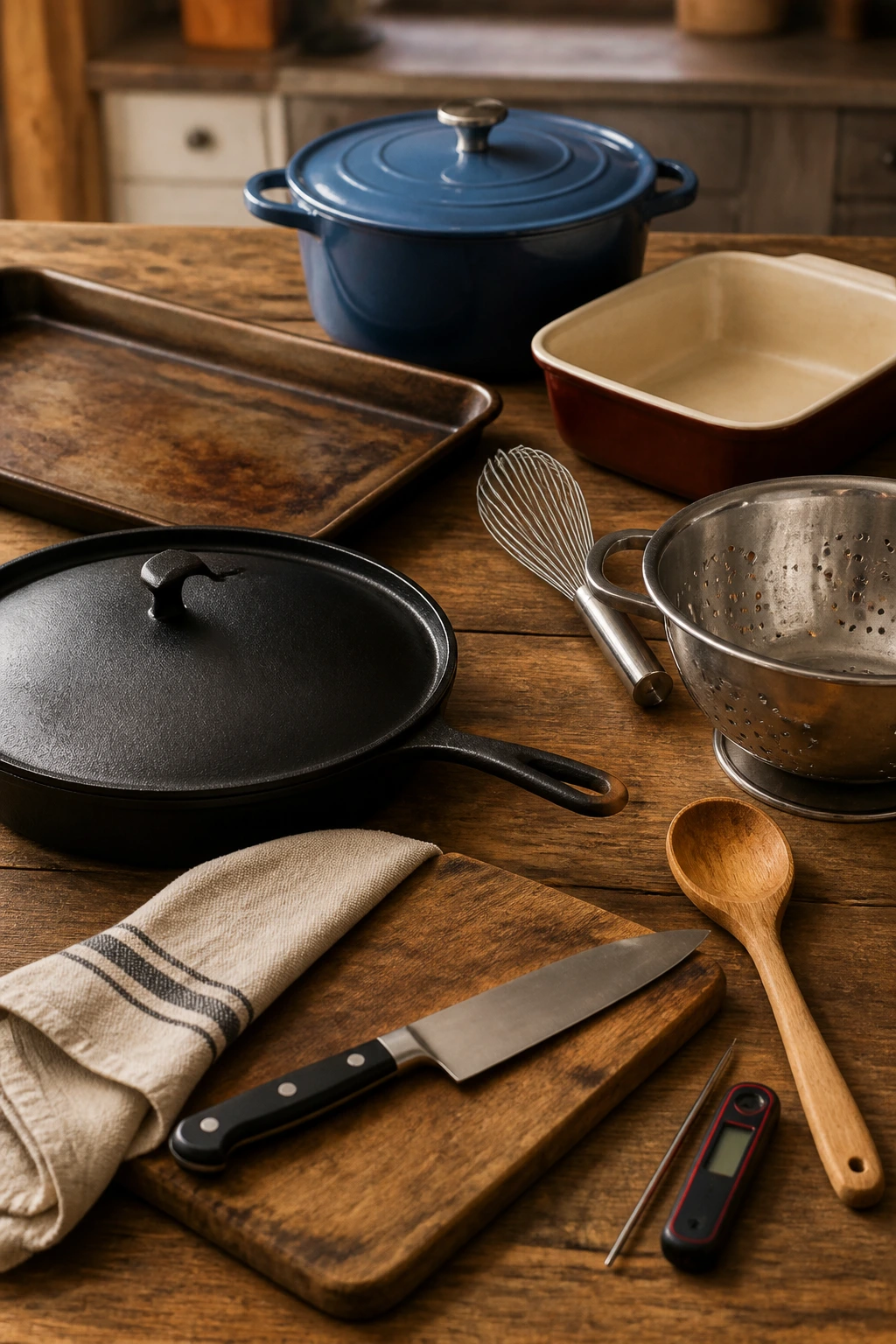 Close-up of essential kitchen gear on rustic counter including skillet, Dutch oven, sheet pan, and baking dish
