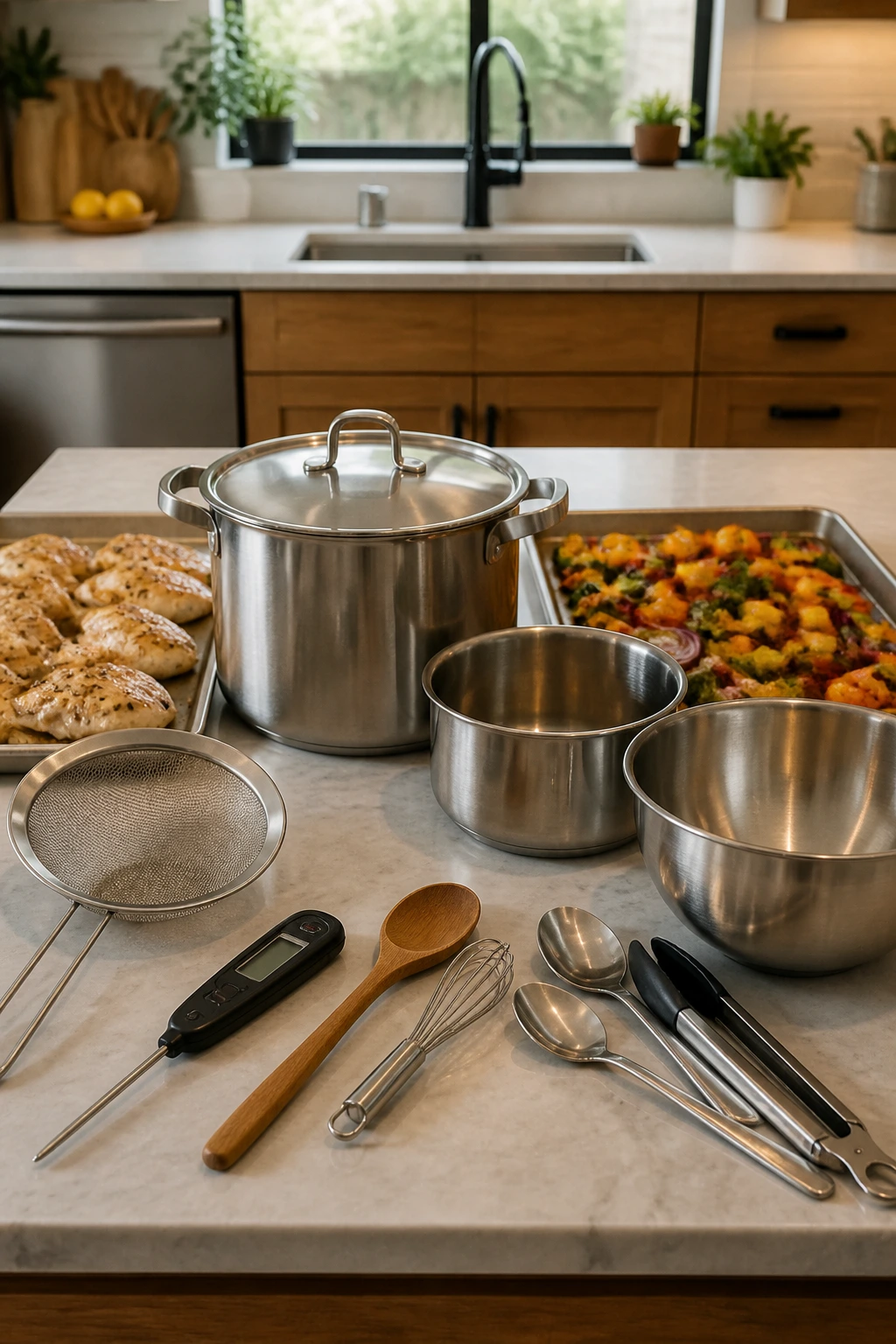 Kitchen gear arranged for ten servings: sheet pans, pots, thermometer, strainer, bowl, spoons