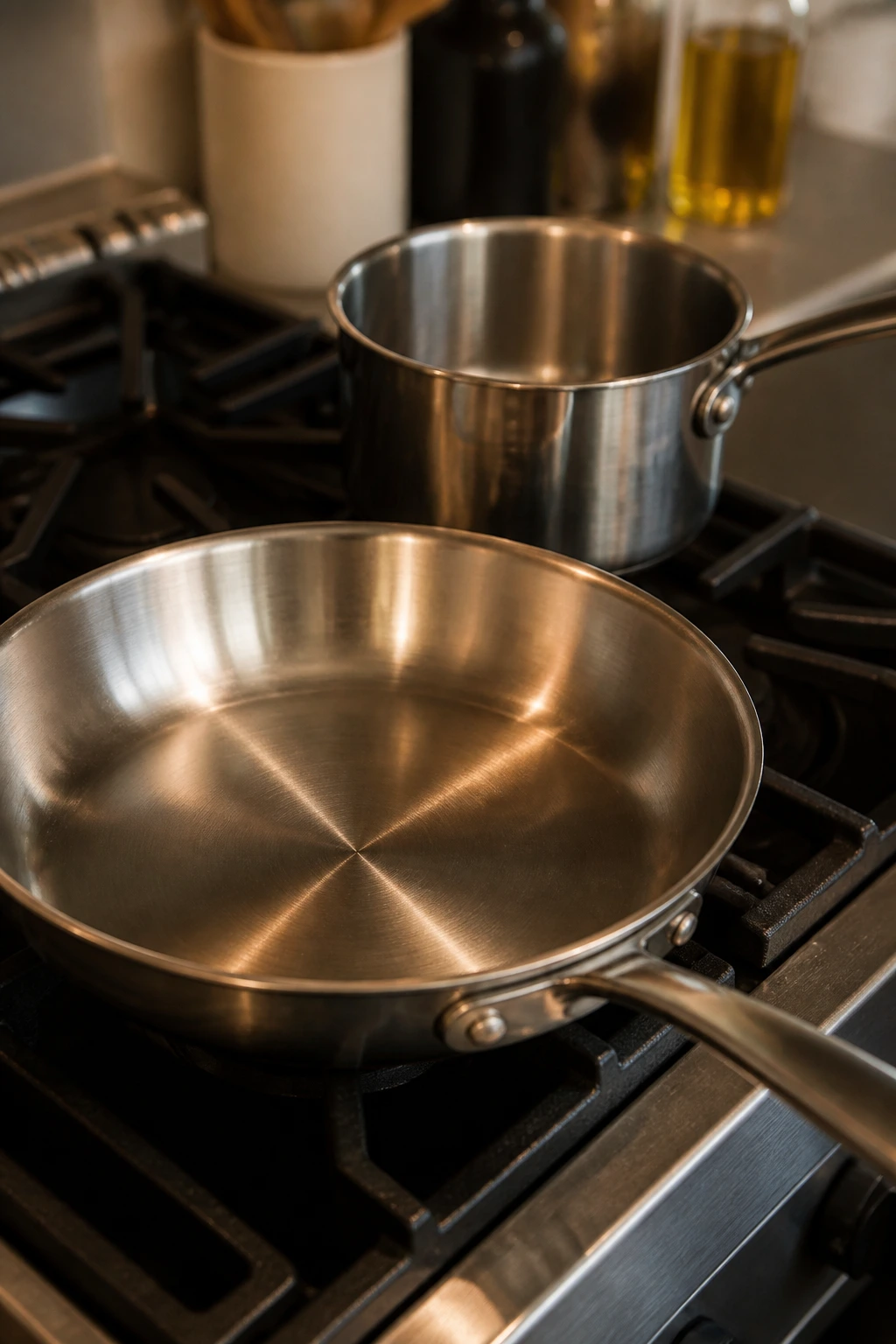 Close-up of kitchen pans on a stove ready for cooking bibimbap components