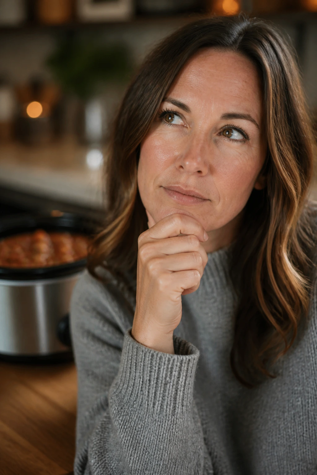 Thoughtful home cook in a kitchen contemplating making chili