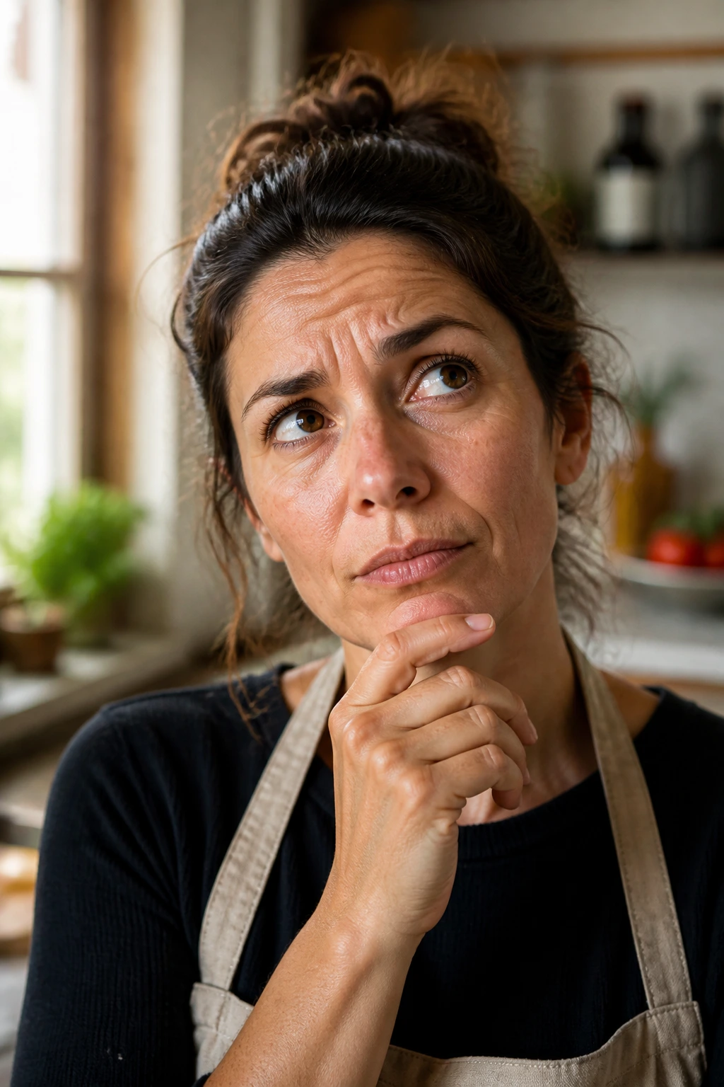 Real person in a kitchen with thoughtful expression, representing questions before making bruschetta.
