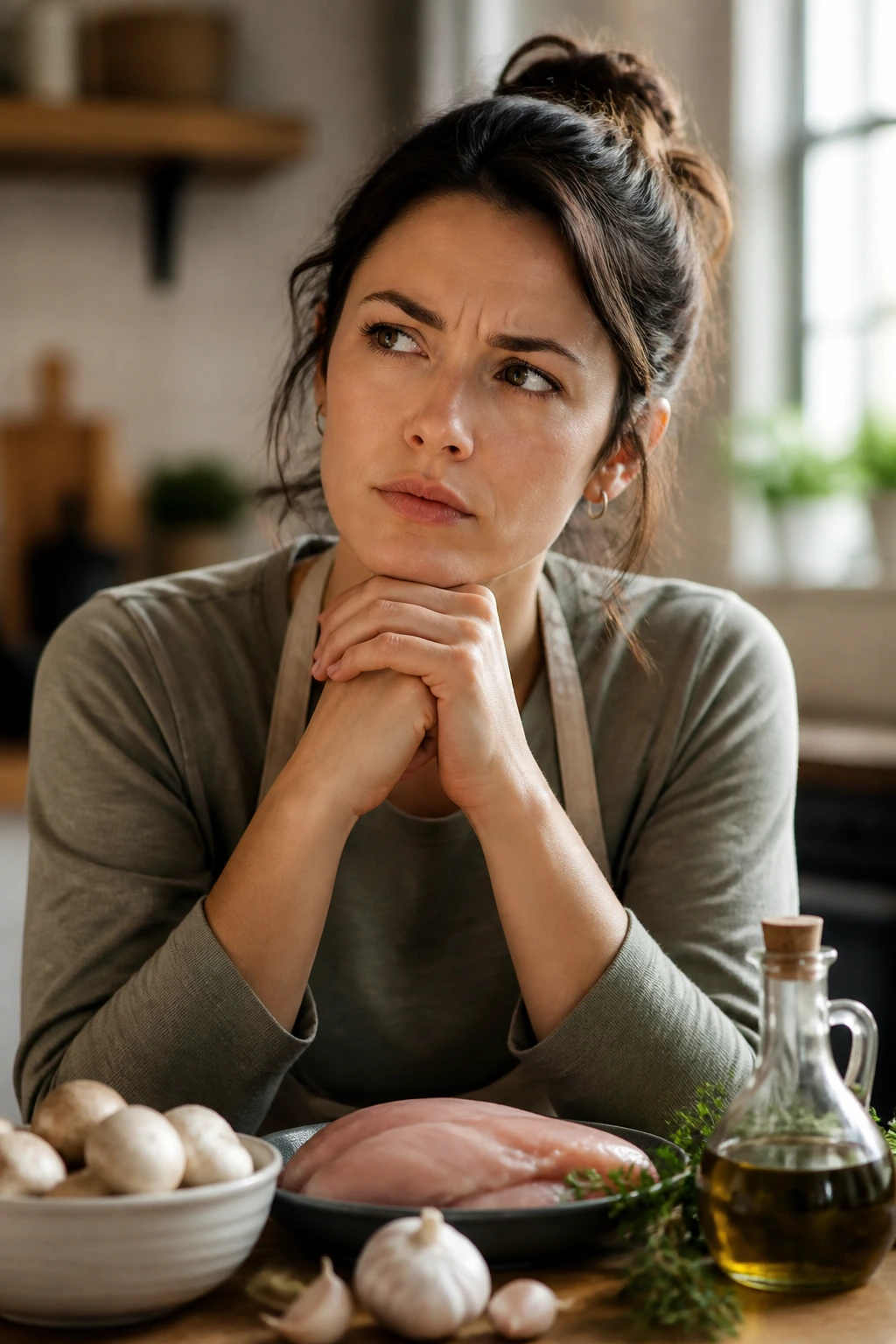 Portrait of a person thinking in a kitchen before cooking chicken and mushrooms