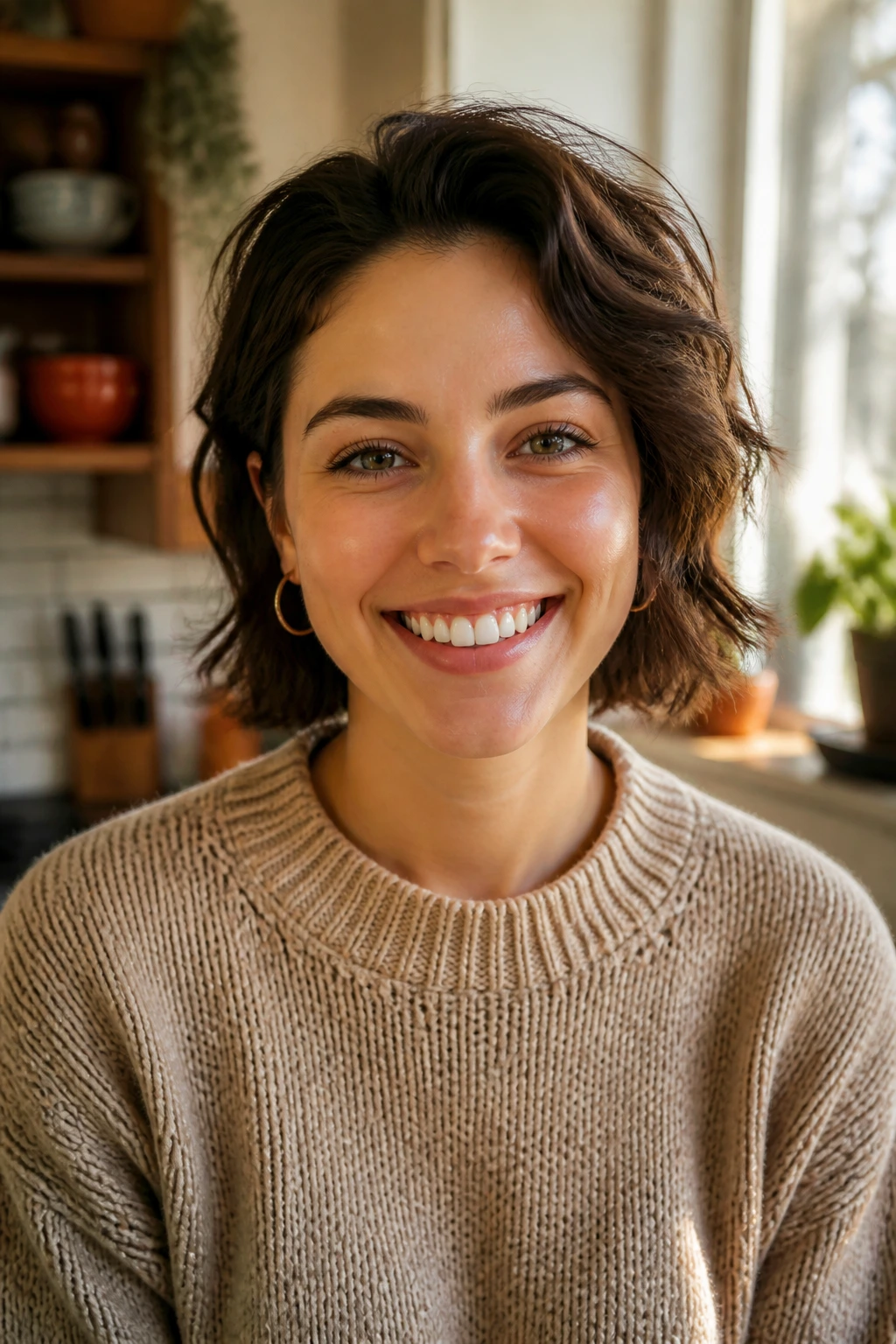 Portrait of a real person in a warm kitchen, ready to answer vegan fast-food questions