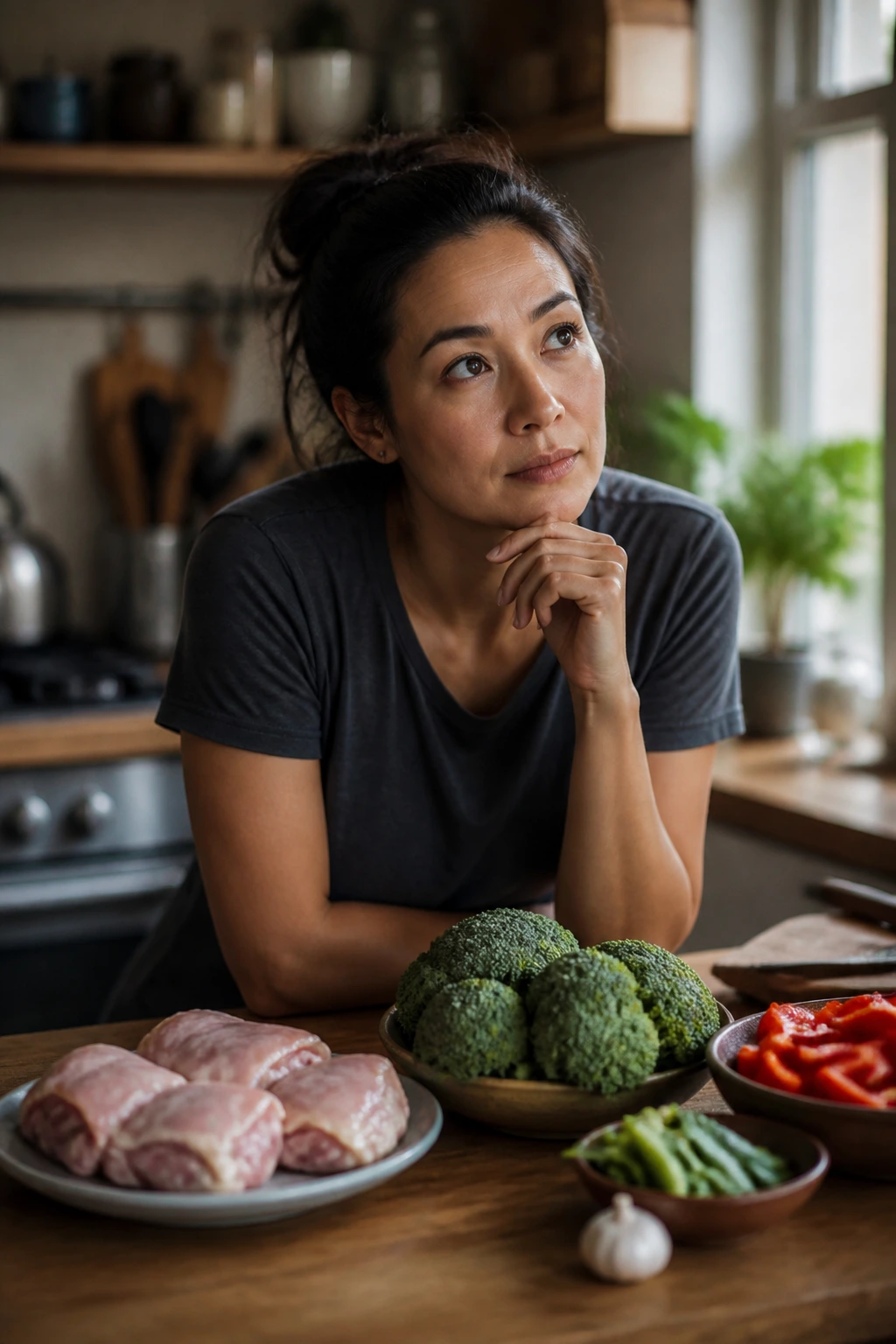 Thoughtful home cook planning prep for sticky chicken stir fry in a kitchen