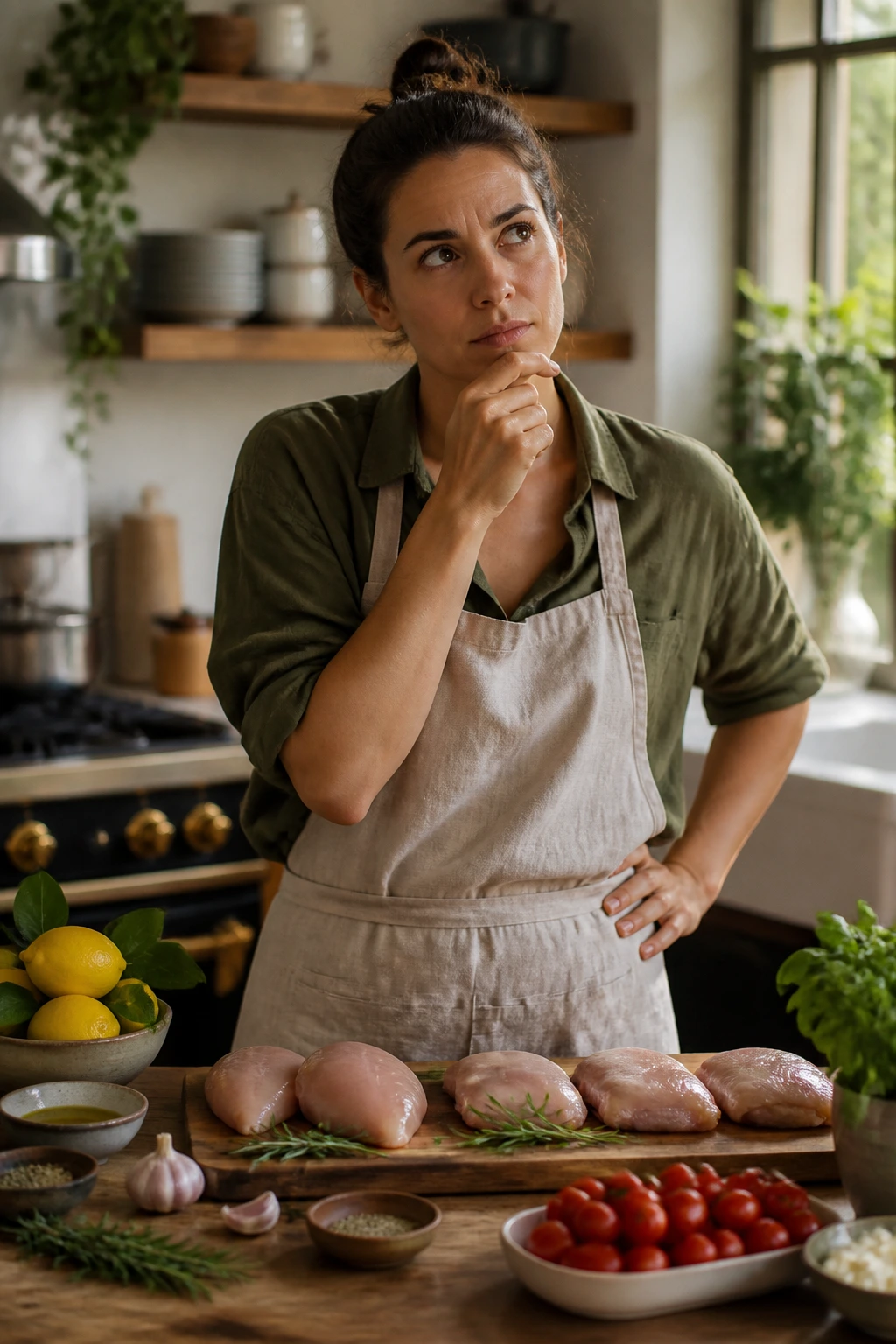 Real person thinking in a cozy kitchen about Tuscan chicken questions
