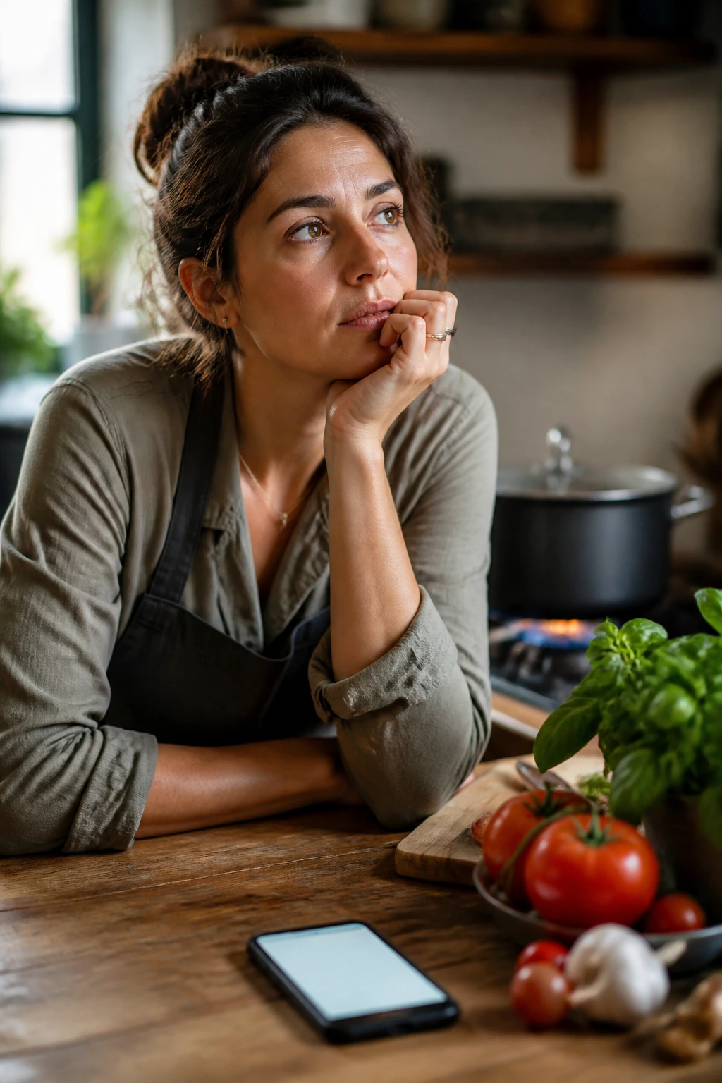 Real person thinking in a kitchen with a phone nearby