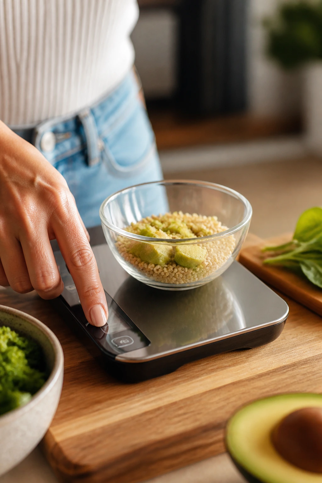 Hand using digital kitchen scale with bowl of ingredients