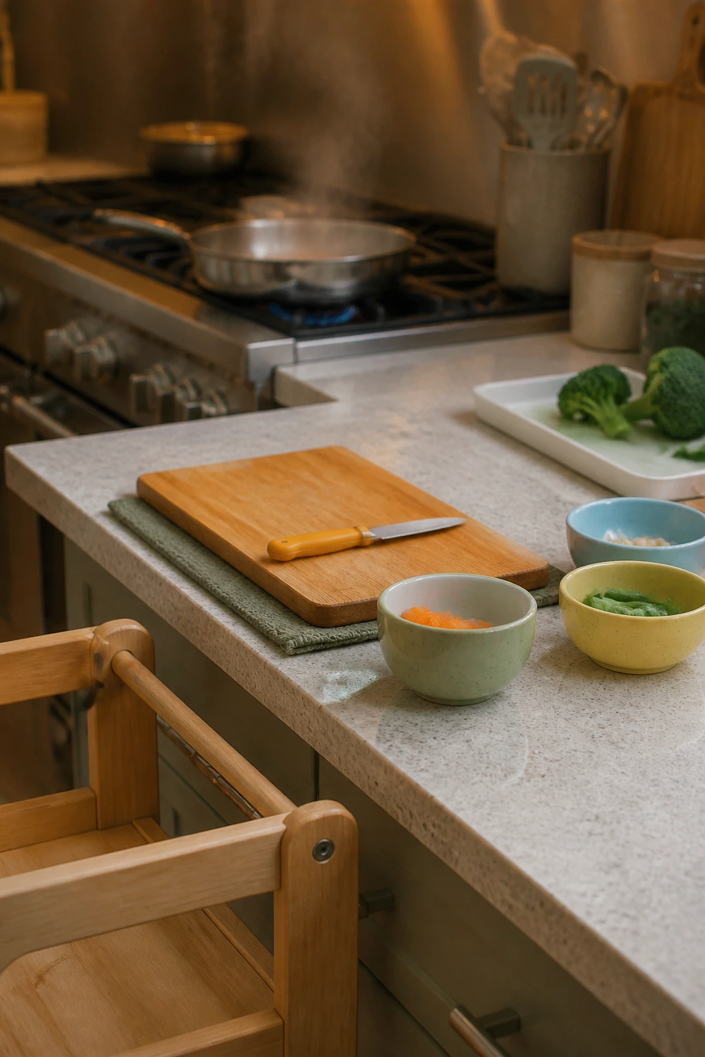 Close-up of a kid-friendly kitchen setup with damp towel under cutting board and small bowls