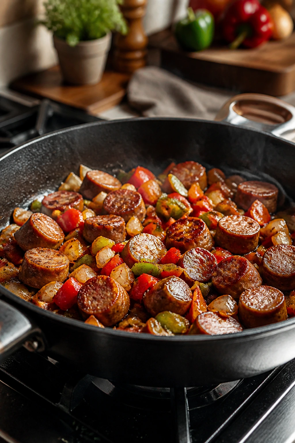 Close-up of a large skillet on a stove in a kitchen