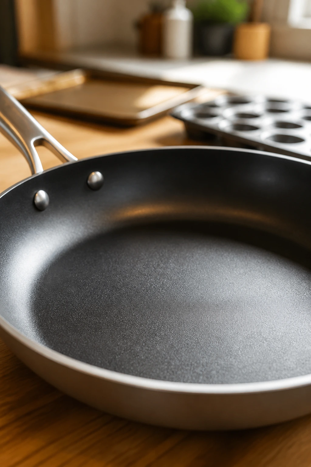 Close-up of a large skillet on a kitchen counter as the hero equipment.
