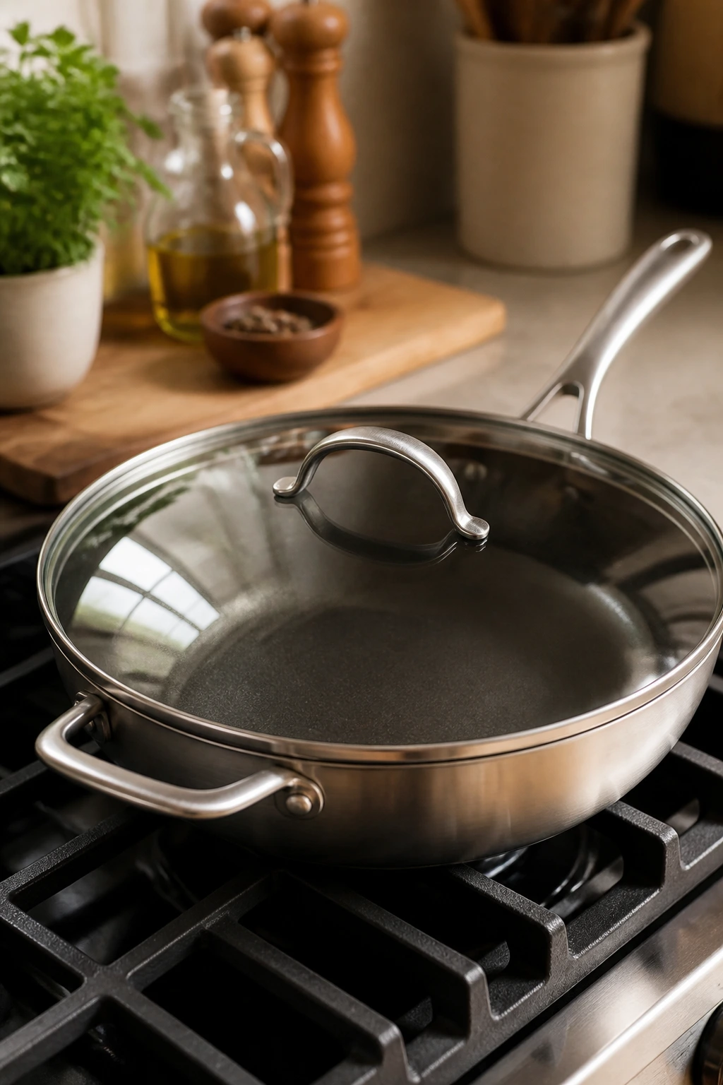 12-inch skillet with lid in kitchen setting