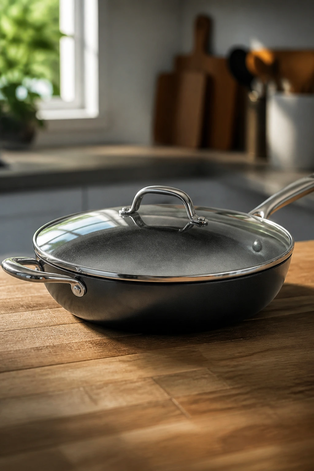 Close-up of a large skillet with lid in a kitchen setting