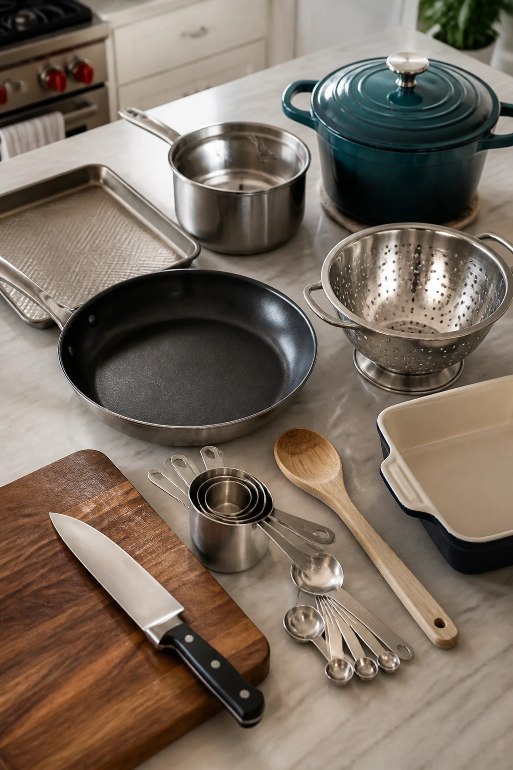 Collection of essential kitchen tools on counter