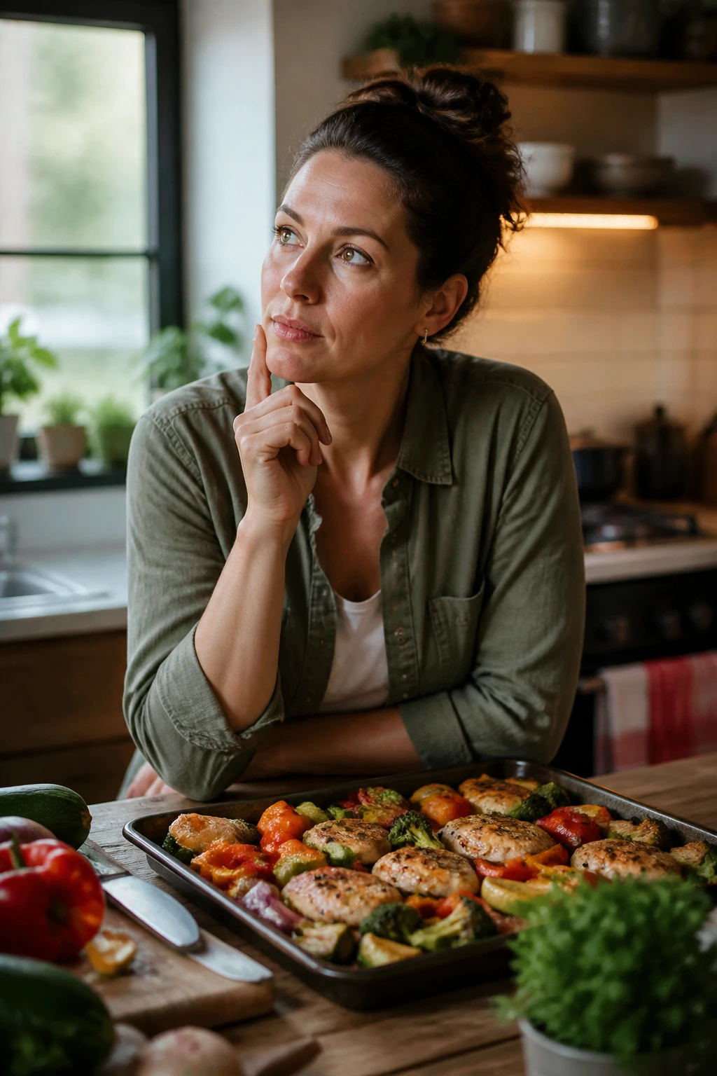 Portrait of a person in a warm kitchen thinking beside a sheet-pan dinner.