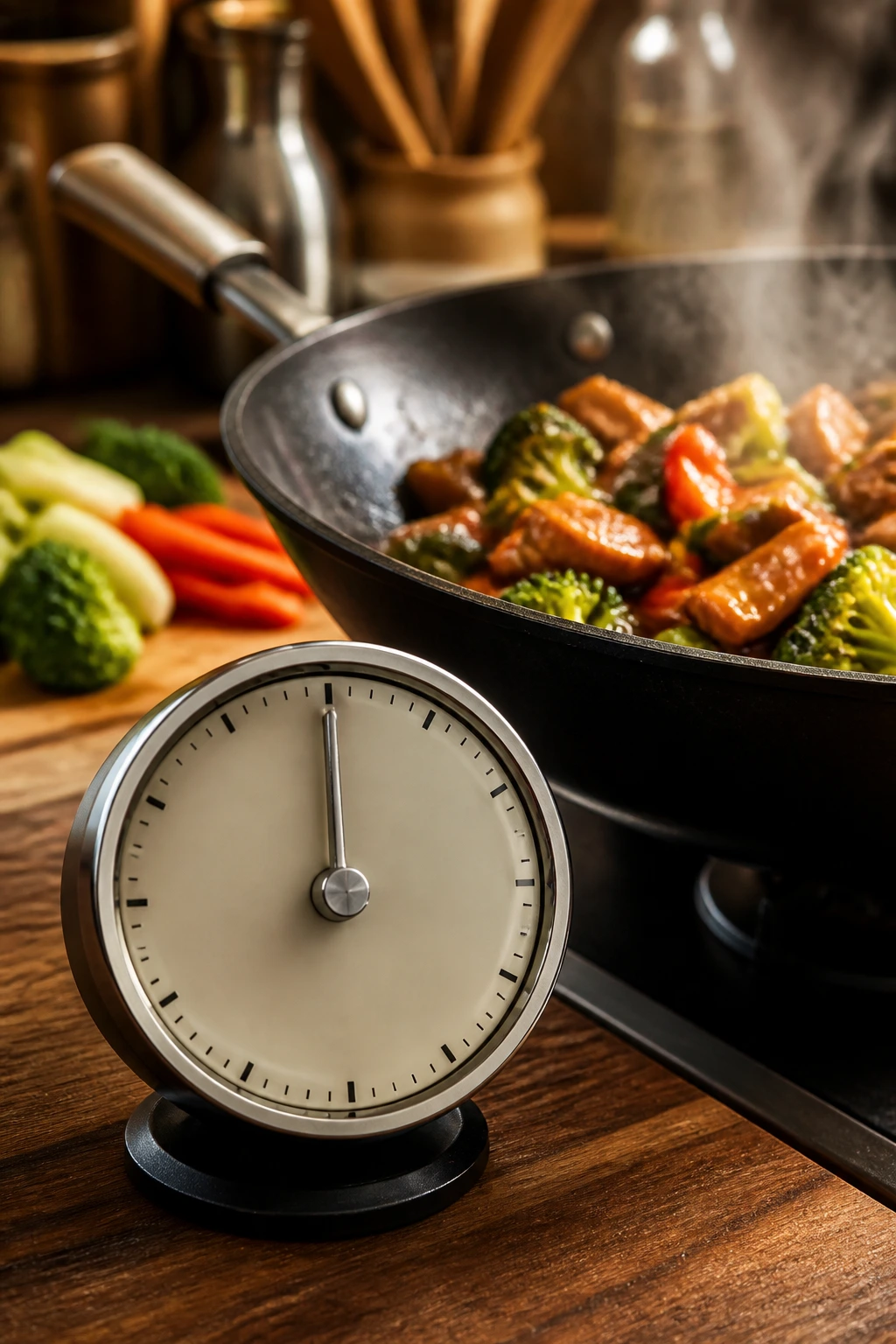 Analog kitchen timer with blank face and a hot wok in the background