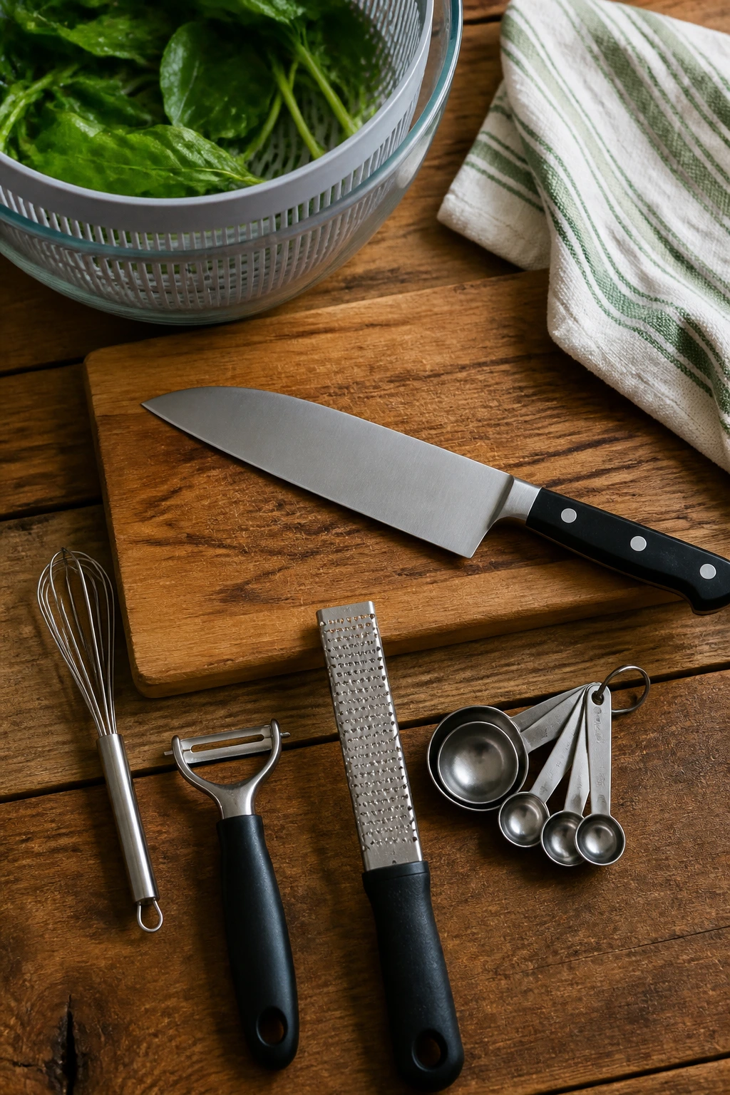 Top-down view of essential salad prep tools neatly arranged