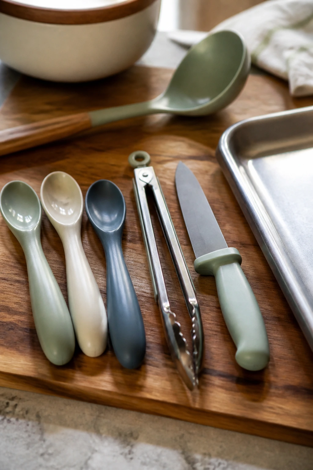 Close-up of essential family-dinner tools on a wooden board
