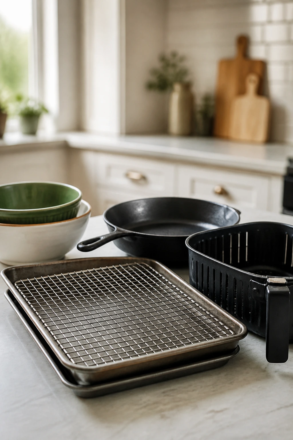 lineup of essential kitchen tools on a clean counter