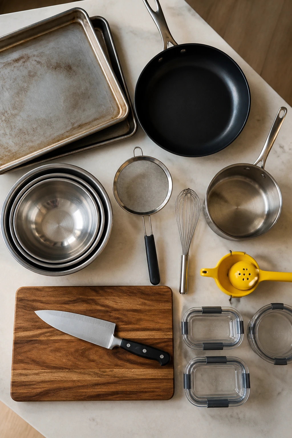 Top-down view of essential kitchen tools for veggie bowls arranged on a counter