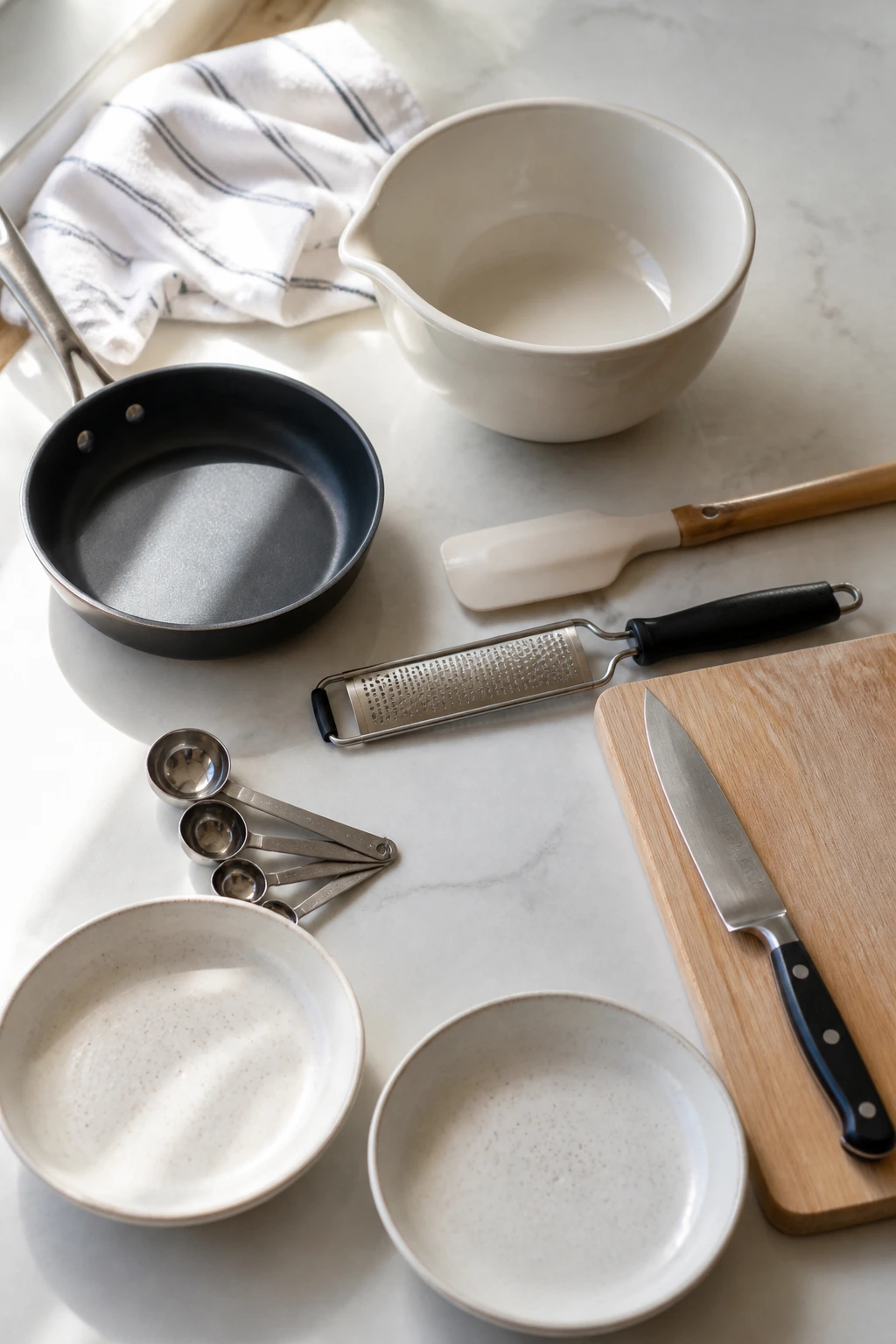Kitchen tools arranged neatly on counter for yogurt bowl assembly