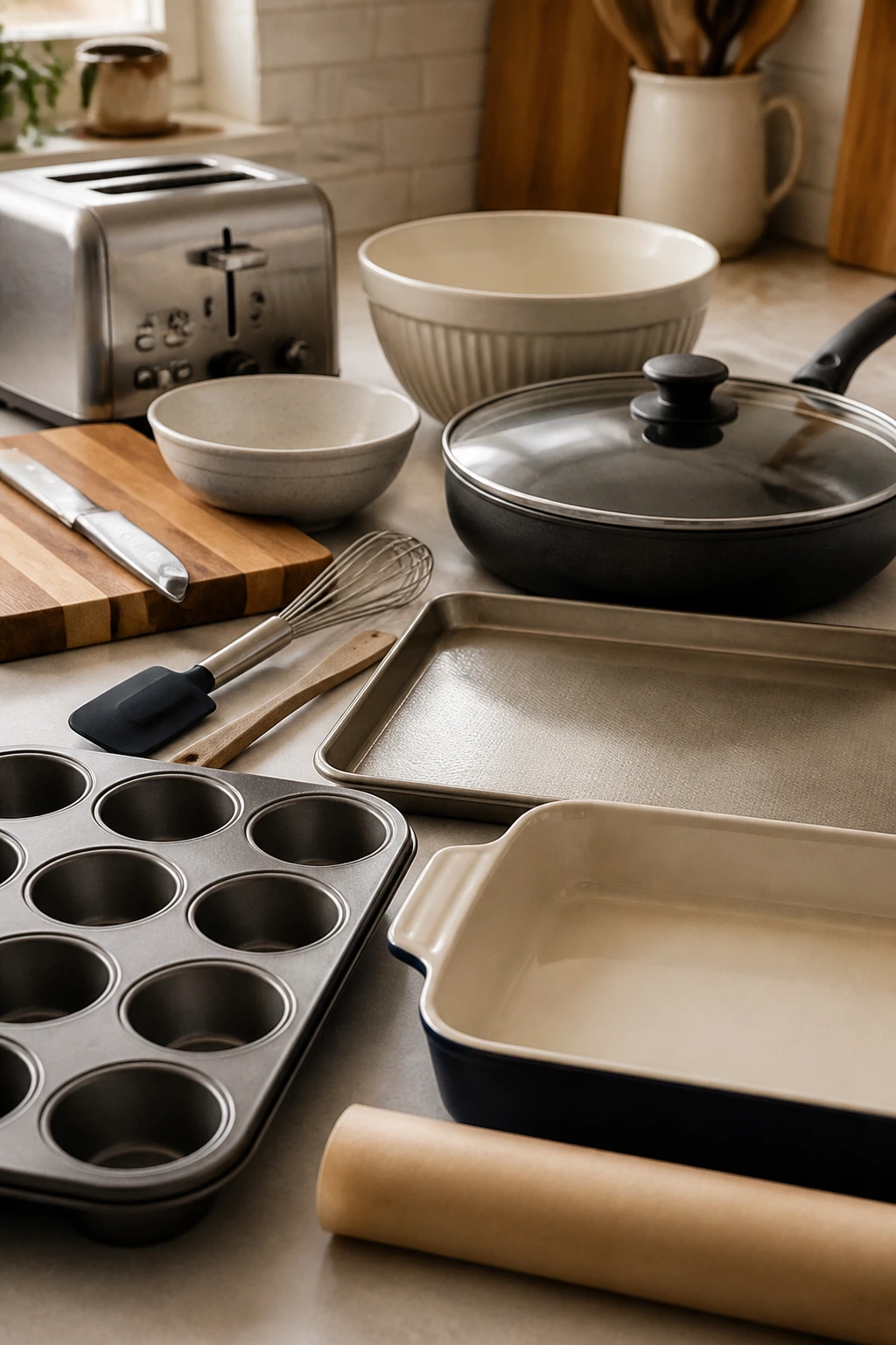 Close-up of essential breakfast kitchen tools array