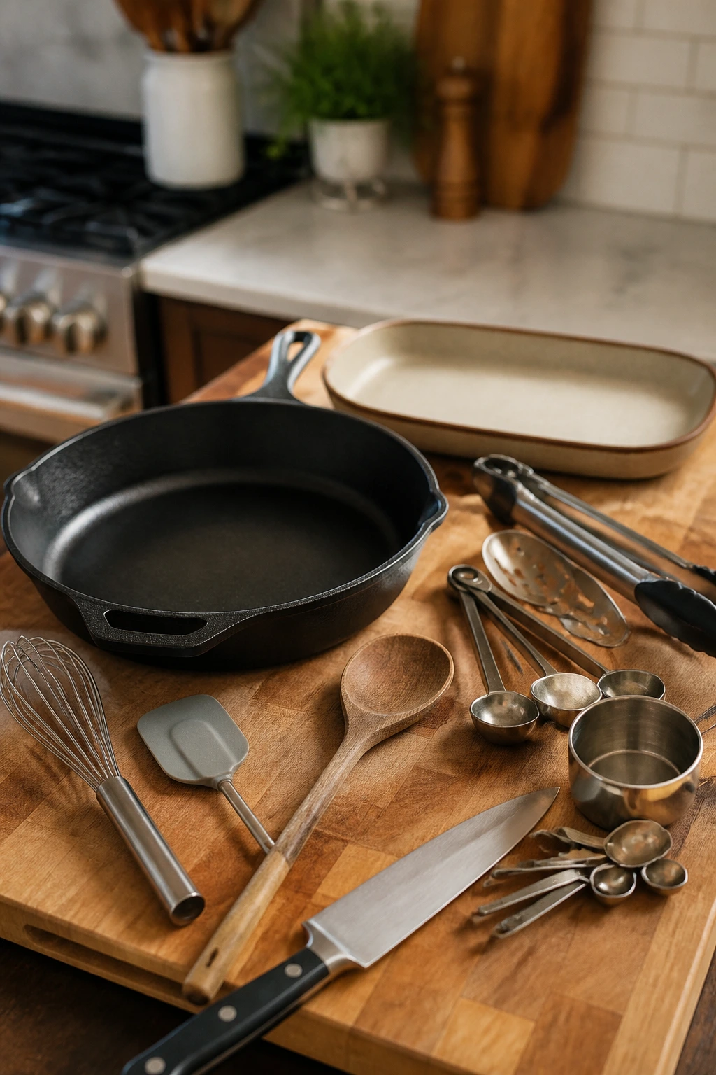 Close-up of essential kitchen tools for browning sausage on a cutting board