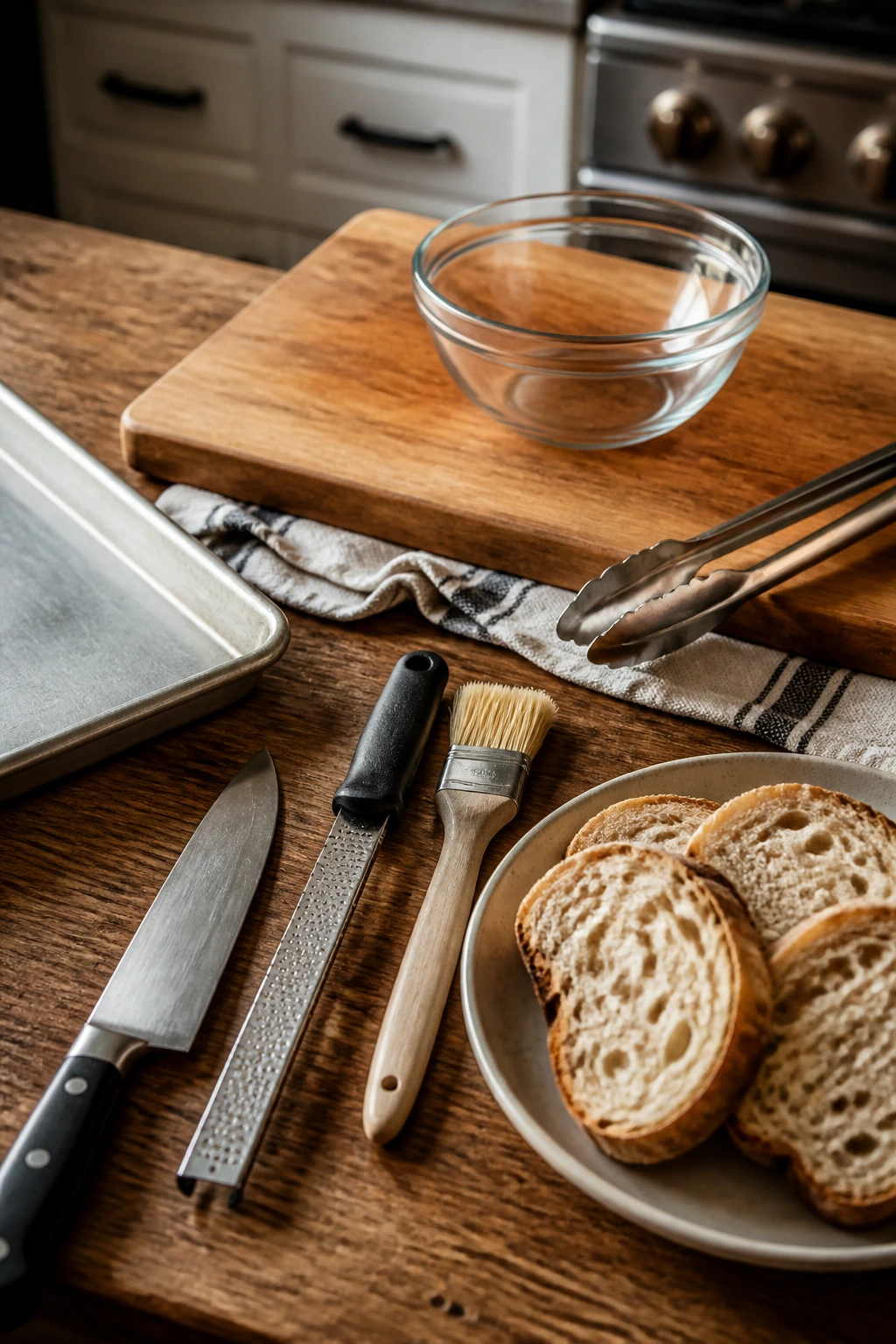 Close-up of essential bruschetta tools on a rustic wooden kitchen counter