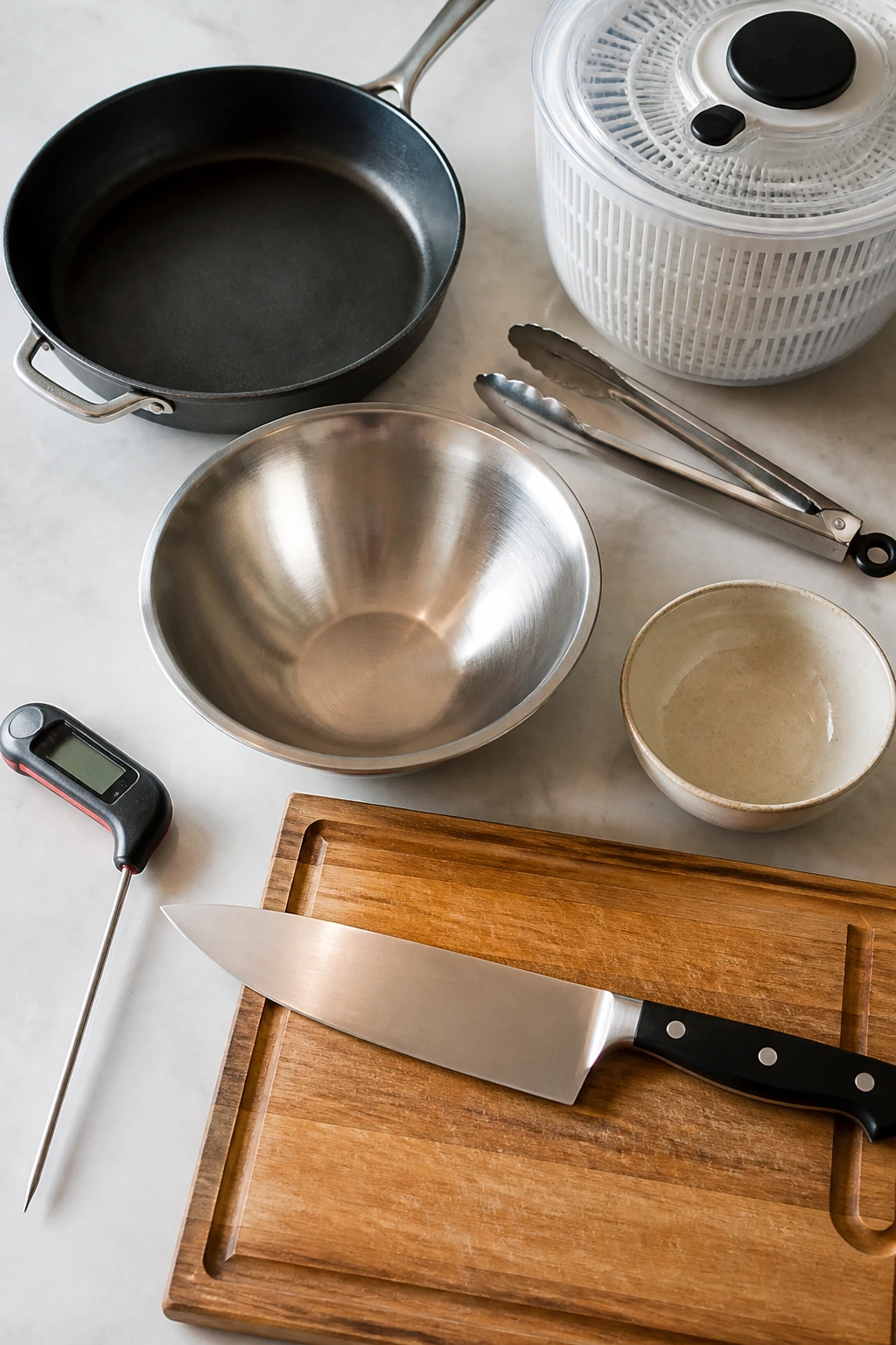 Key kitchen tools for Caesar salad: skillet, thermometer, bowls, knife, cutting board, spinner, tongs