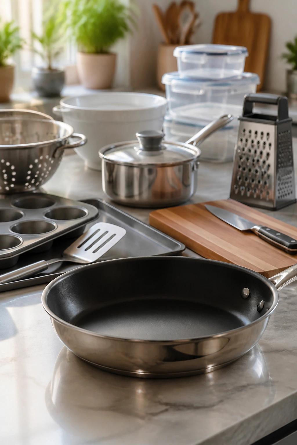 Hero lineup of essential cheese dinner tools on a kitchen counter.