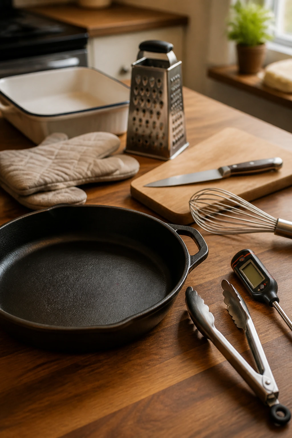 Close-up of essential kitchen tools on a wooden countertop with skillet, thermometer, whisk, knife, grater, oven mitts, and baking dish