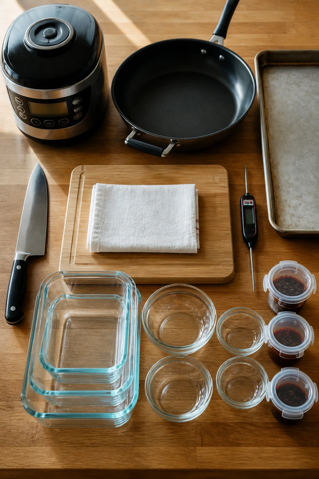 Overhead view of essential Korean meal prep tools and containers