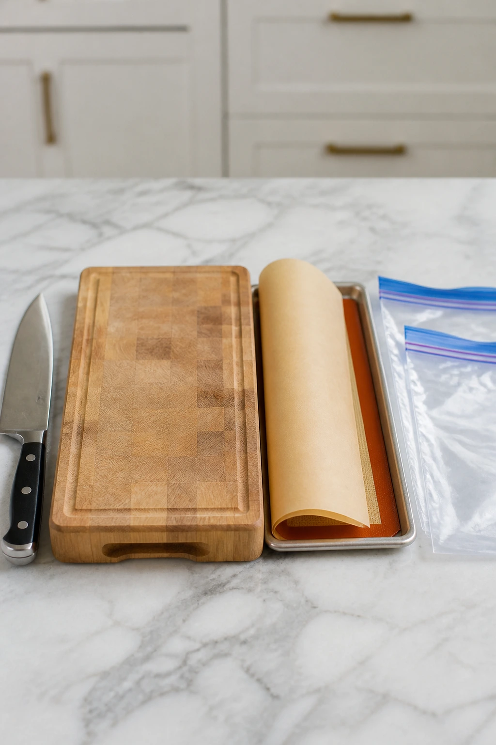 Close-up of kitchen tools and containers ready for smoothie prep on a marble counter