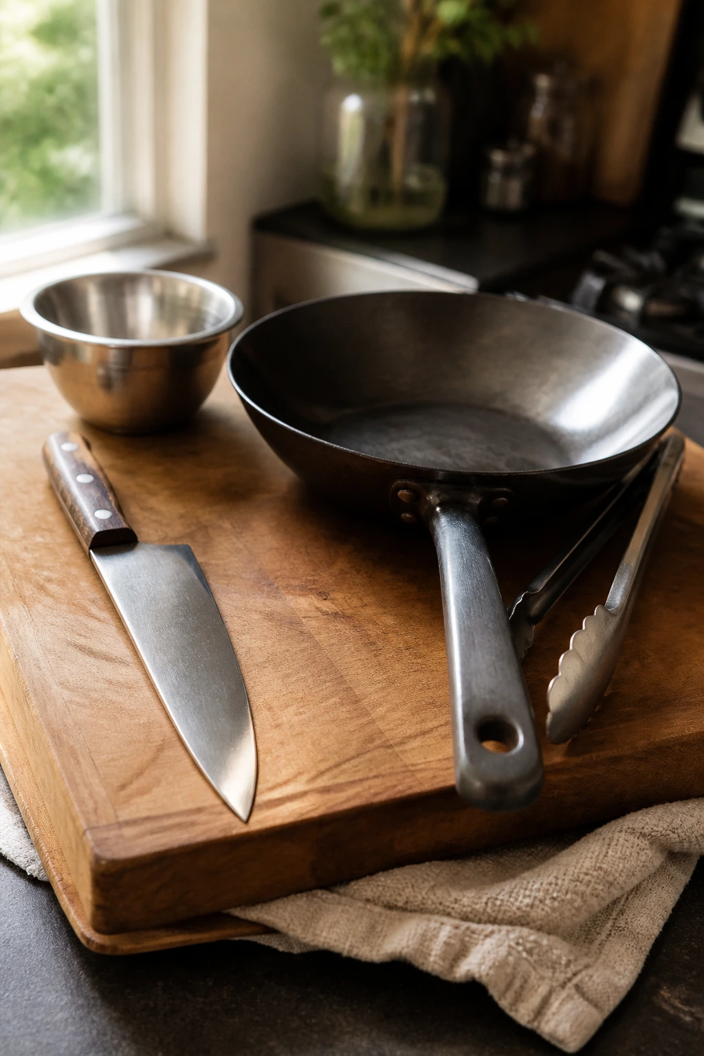 Close-up of essential kitchen tools on a cutting board in a warm home kitchen