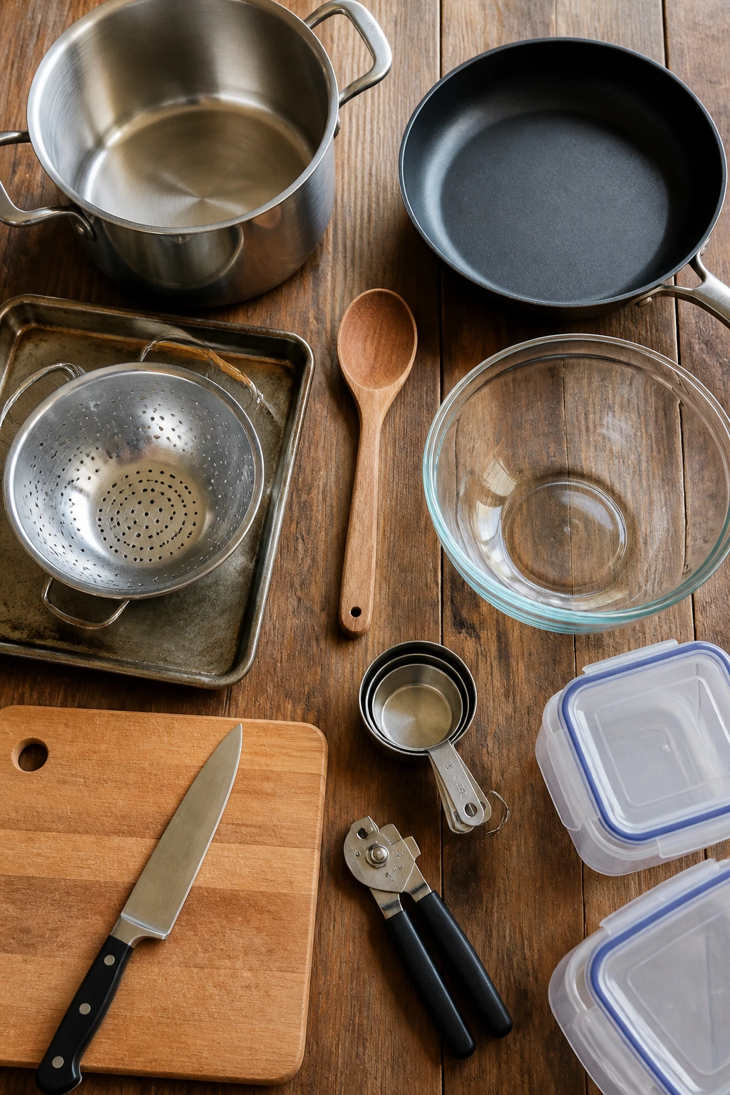 Essential kitchen tools arranged on a counter for budget recipes.