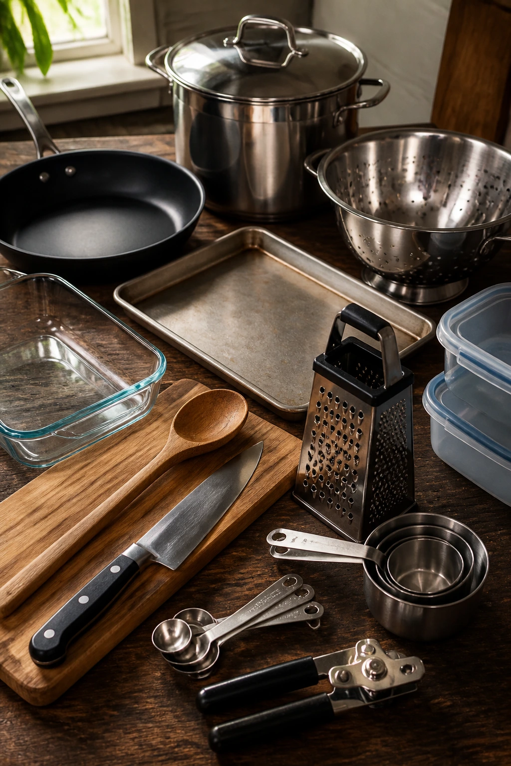 Close-up of essential kitchen tools on a wooden counter