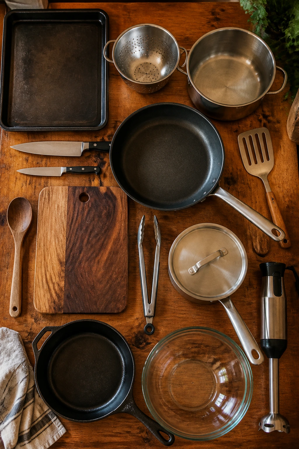 Close-up of essential kitchen tools arranged on a wooden counter for vegetable recipes