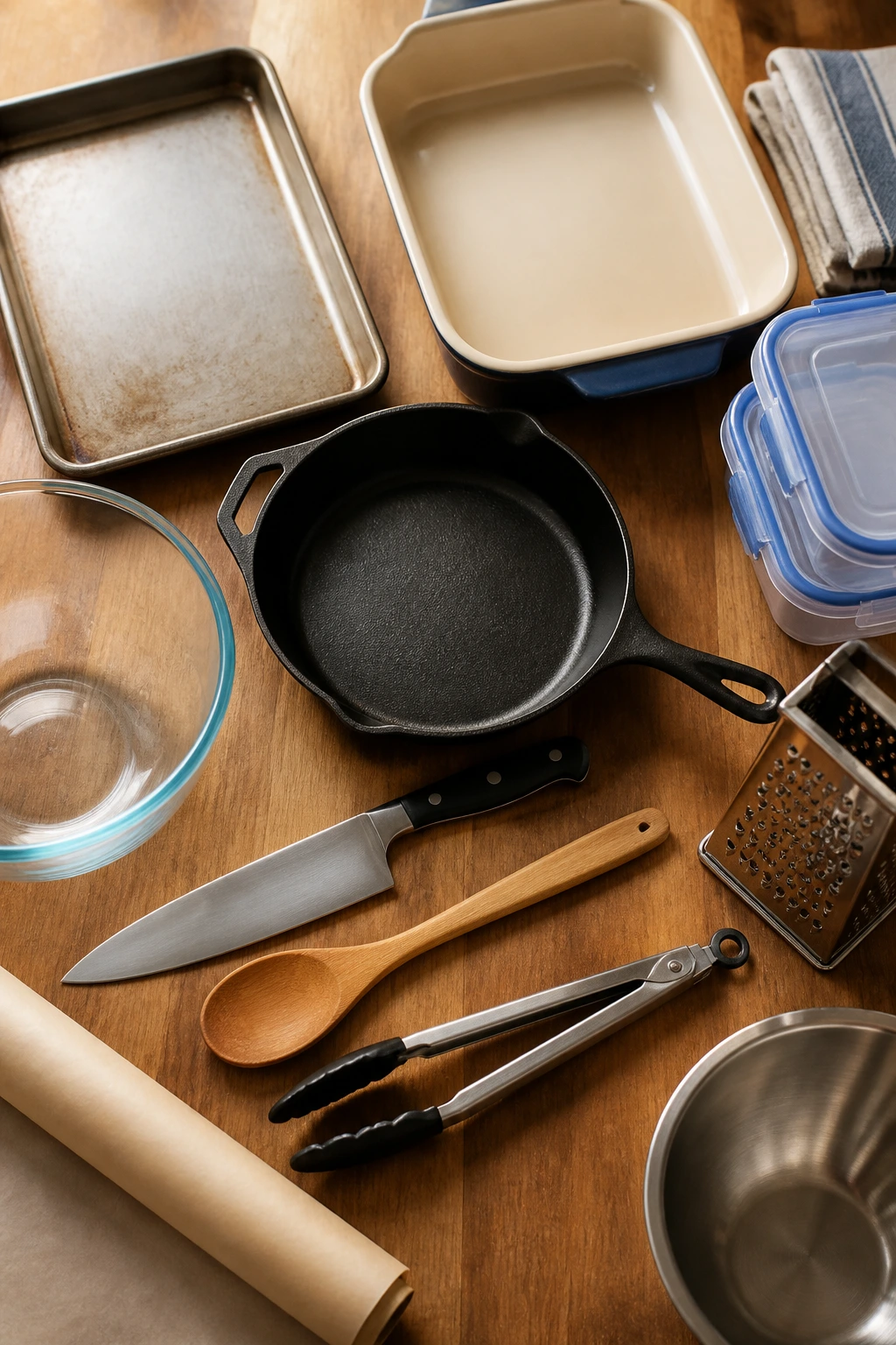Close-up of a kitchen toolset arranged on a wooden counter