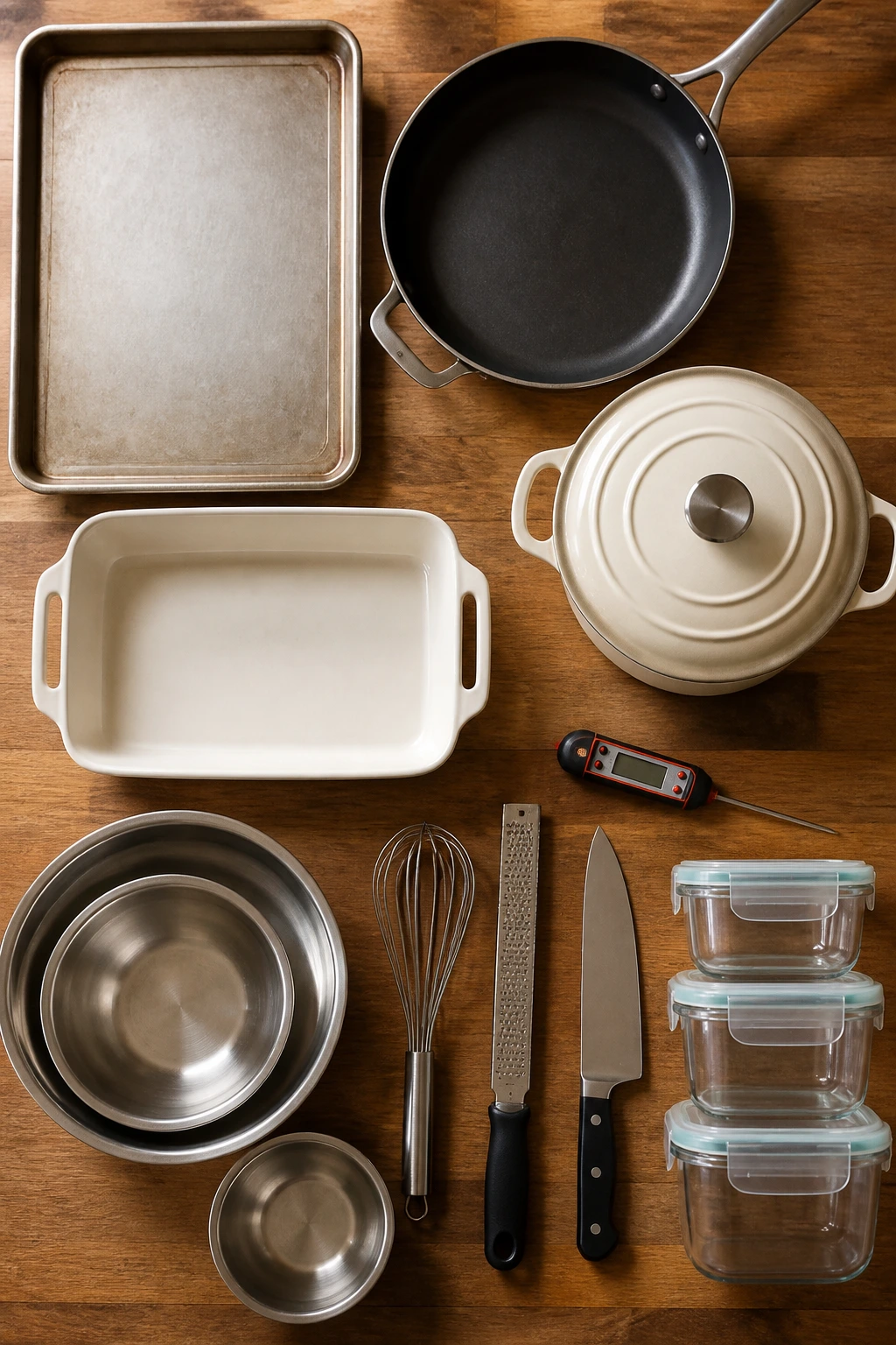 Set of essential kitchen equipment arranged on a wooden counter