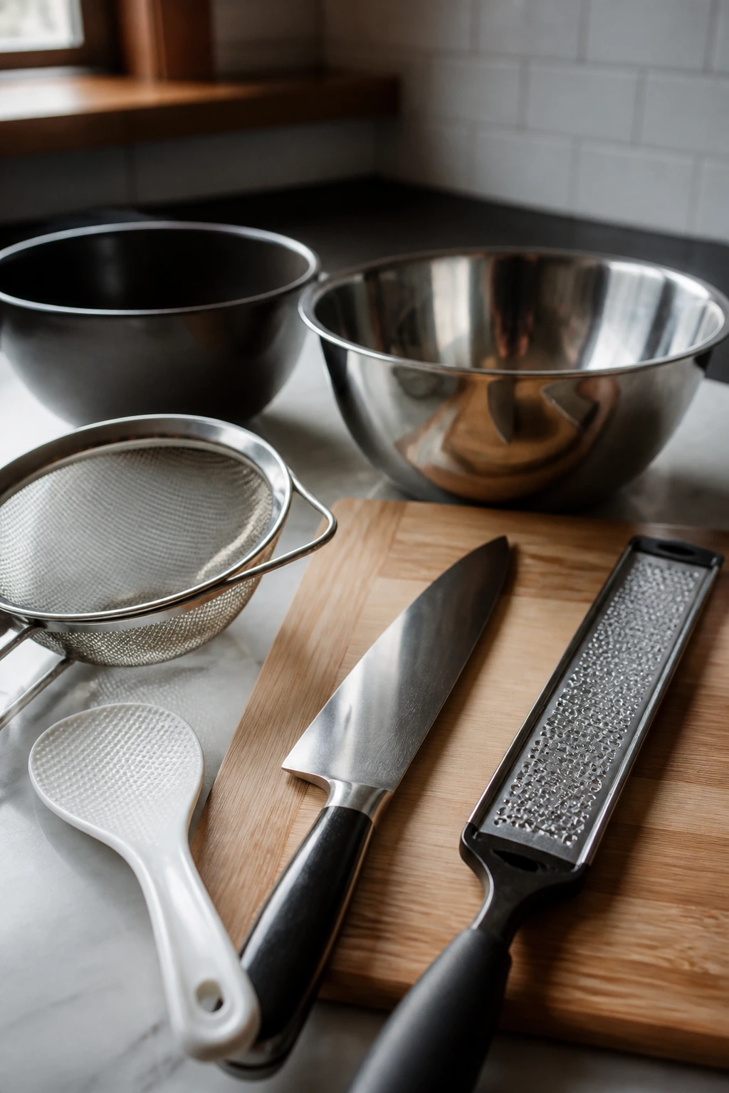 Kitchen counter with poke-bowl tools: strainer, knife, board, bowls