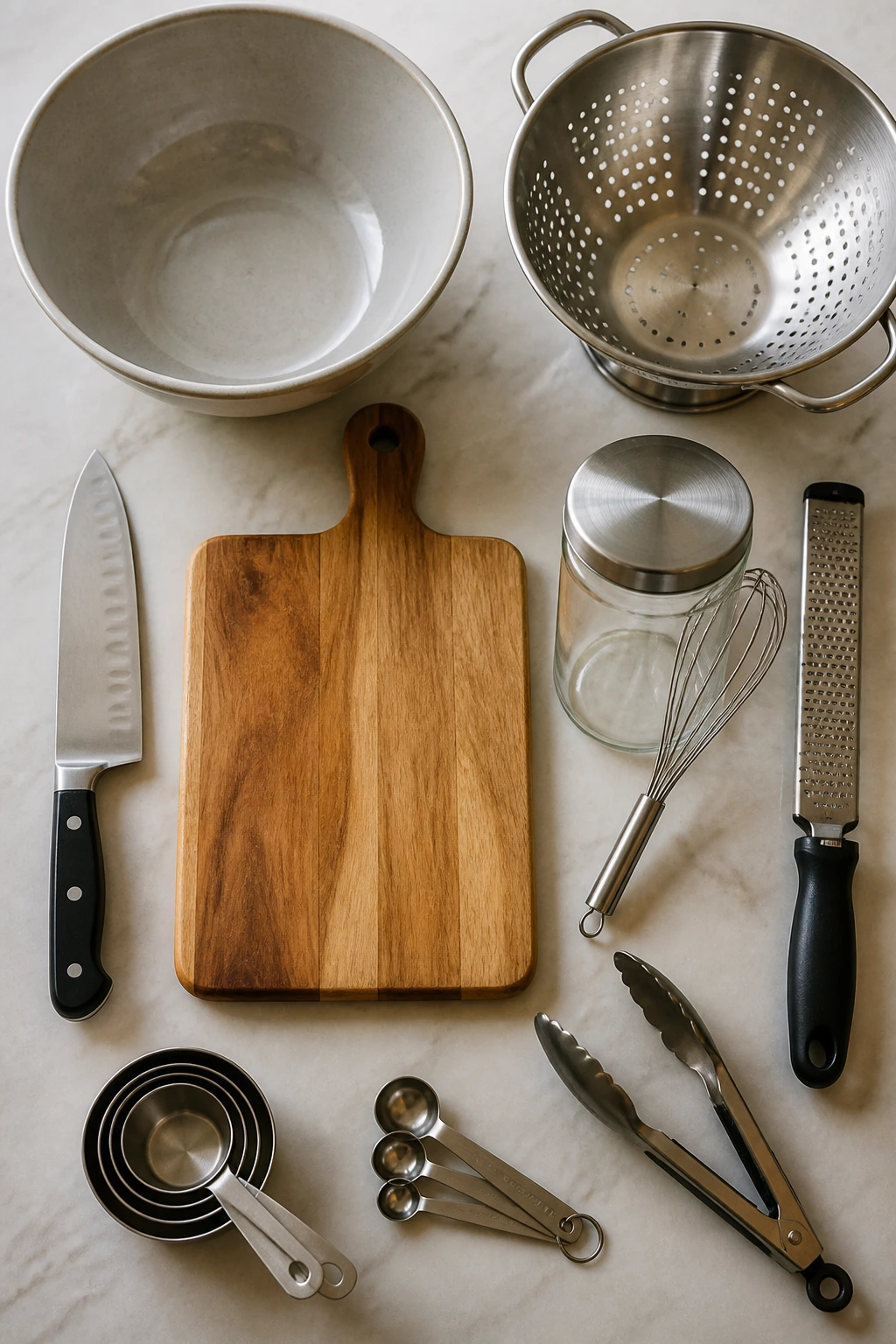 Top-down view of essential salad prep tools laid out on counter
