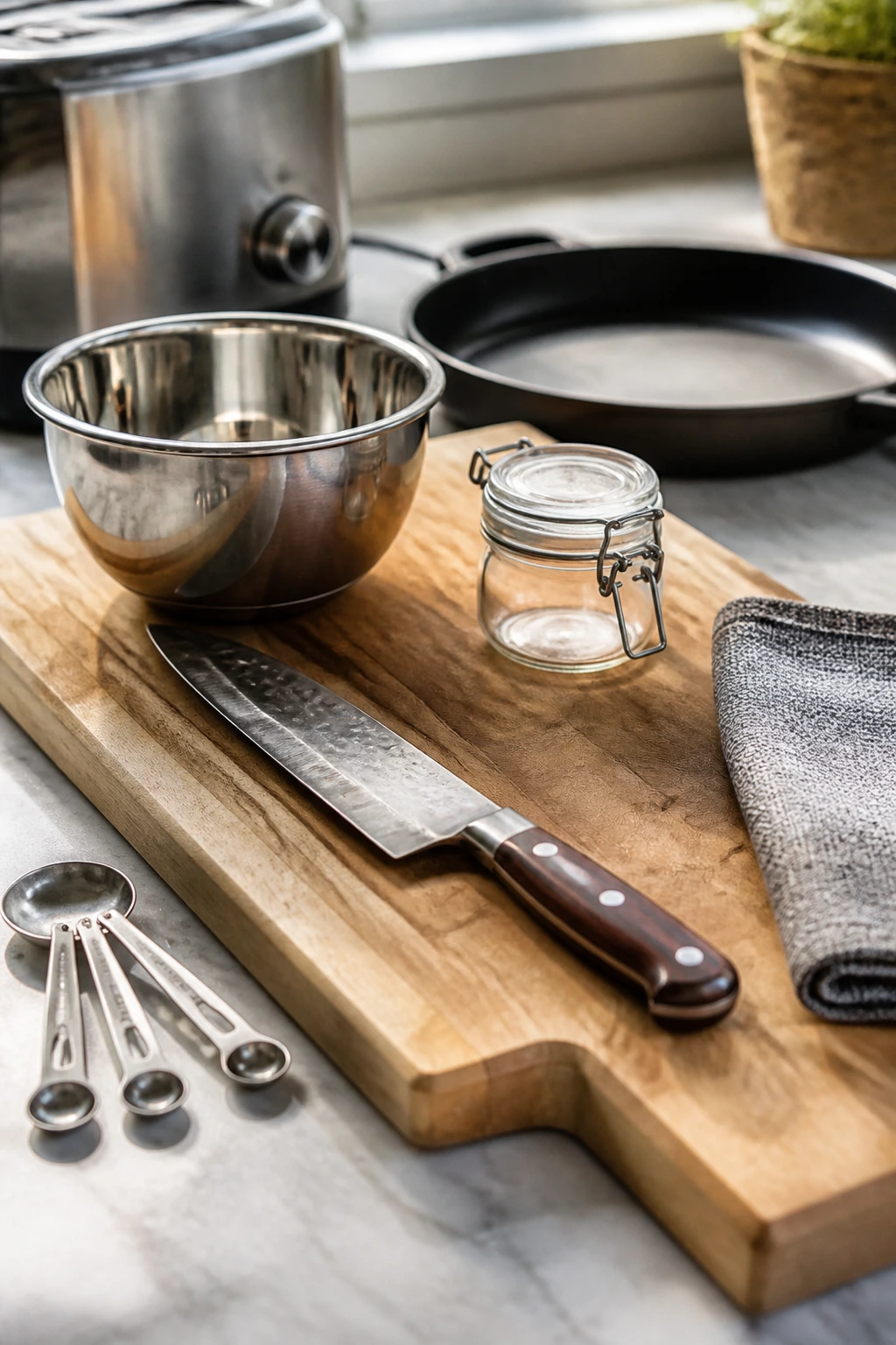 Close-up of essential kitchen tools laid out on a cutting board for sandwich prep