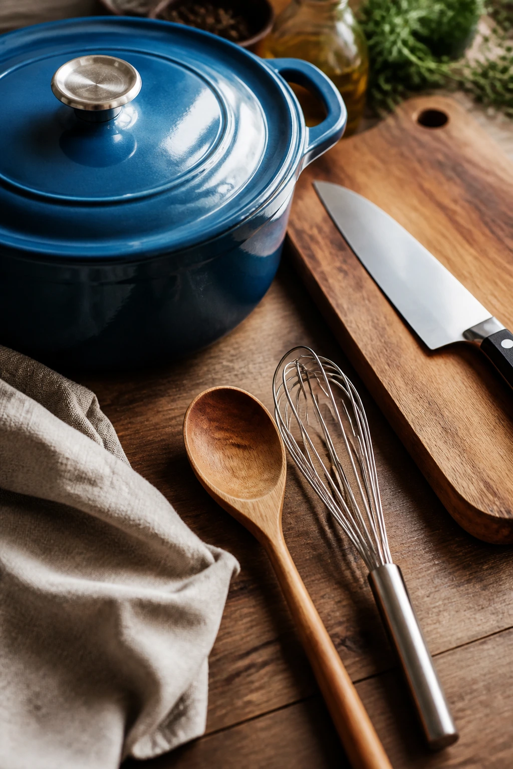 Set of essential kitchen tools for making chowder on a wooden counter