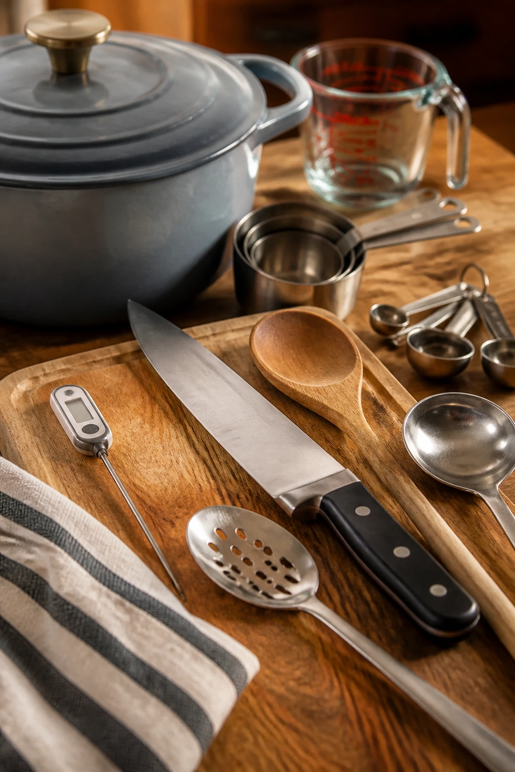 Close-up of essential kitchen tools arranged on a wooden surface