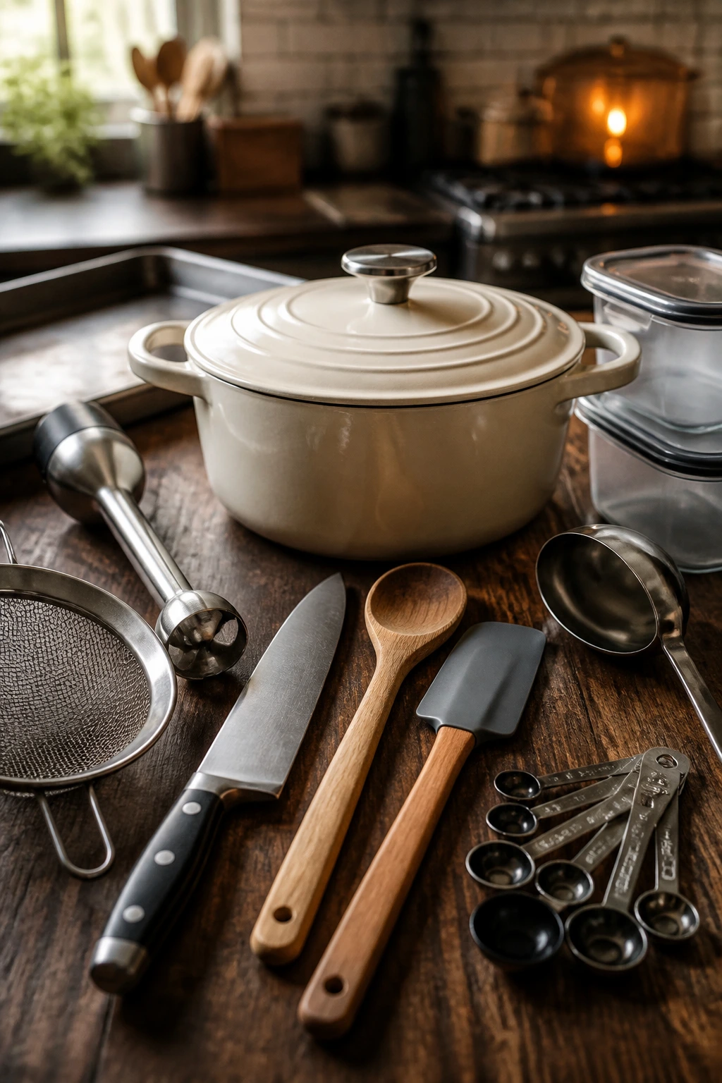 Close-up of essential kitchen tools arranged on a wooden counter in a warm kitchen