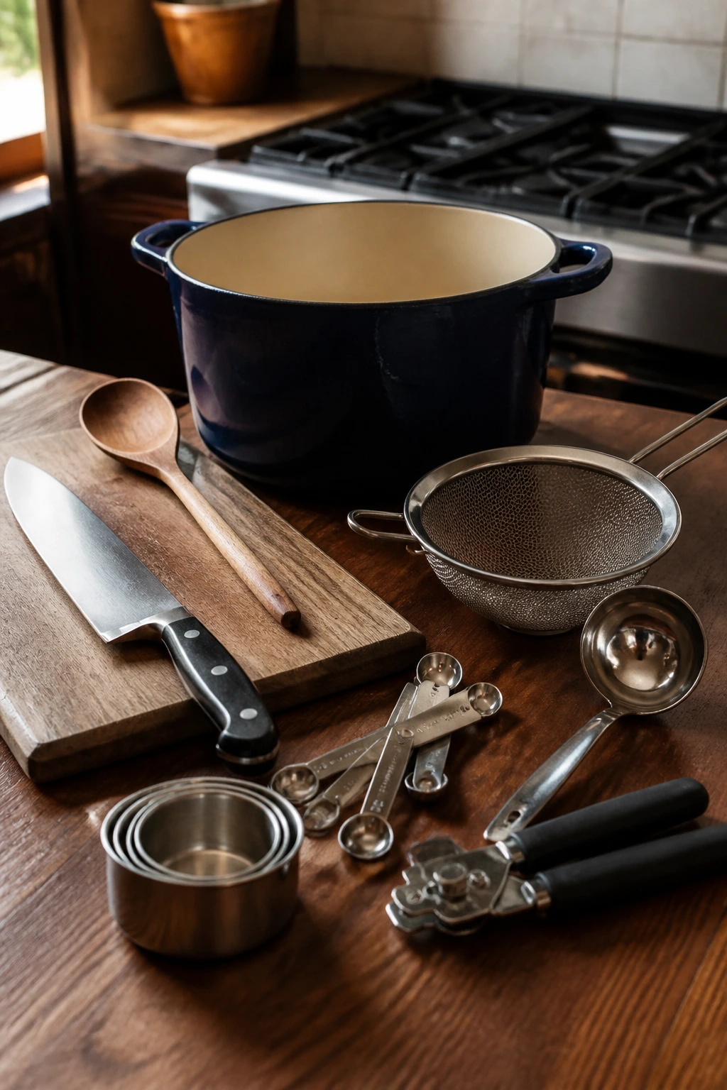 Stove-side tools and a Dutch oven arranged for soup prep.
