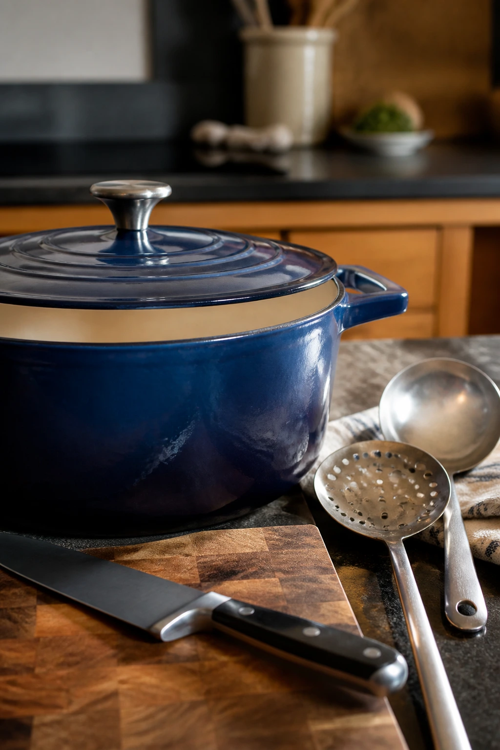 Dutch oven and essential kitchen tools ready for chowder prep