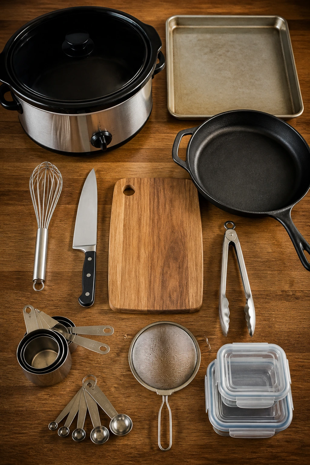 Lineup of essential kitchen equipment for crockpot Chinese recipes