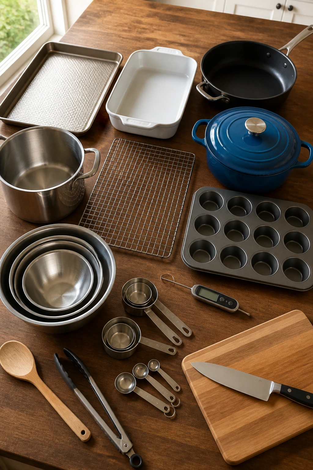 Top-down arrangement of essential kitchen equipment