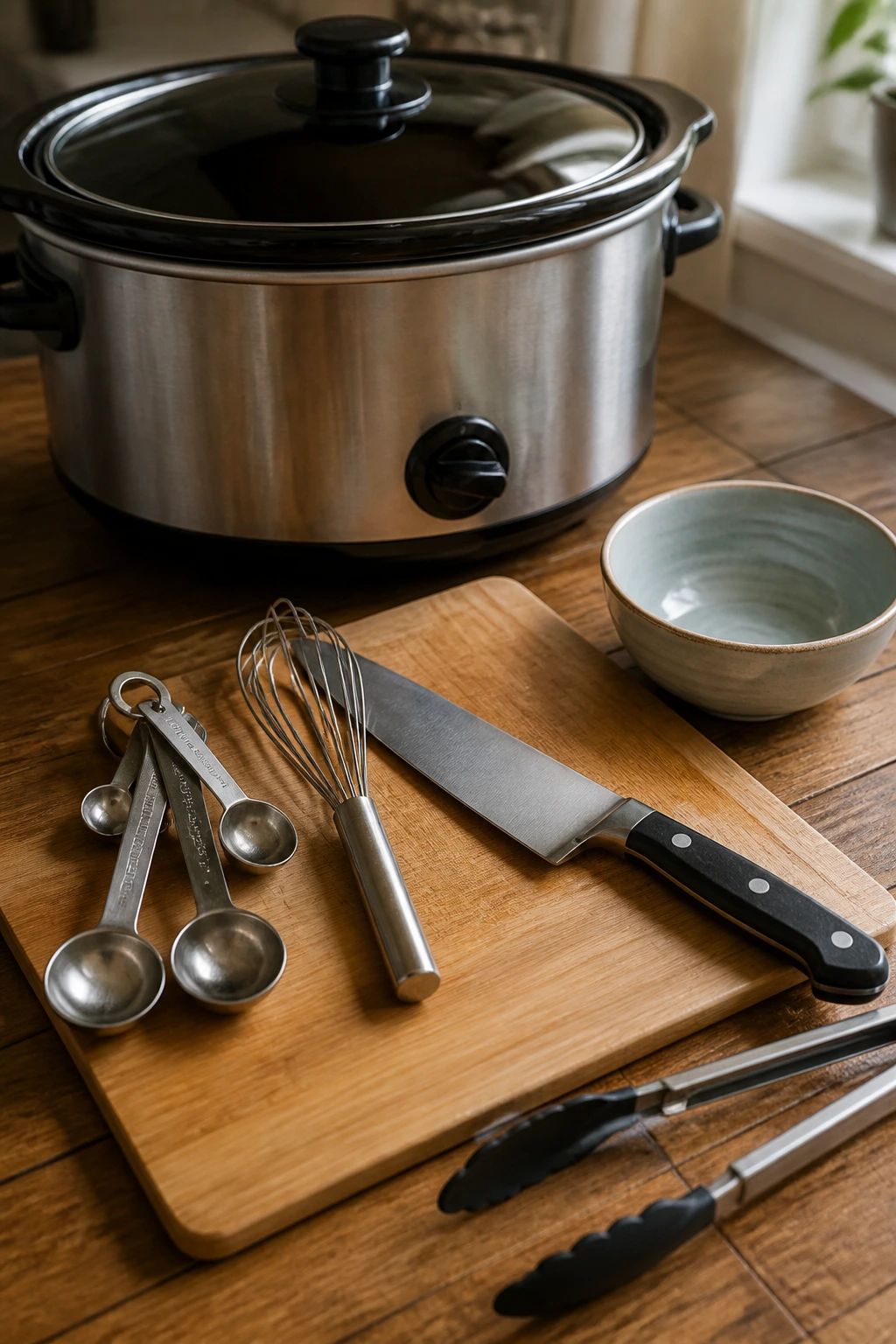 Collection of essential crockpot cooking tools on a wooden counter