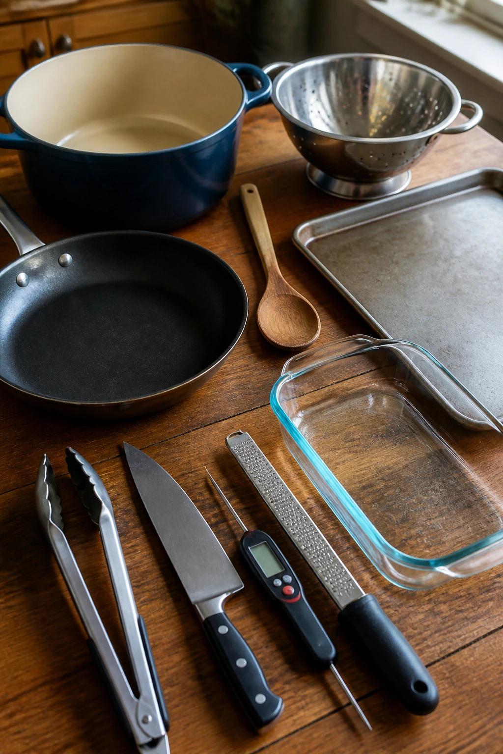 Flat lay of essential kitchen equipment on a wooden counter